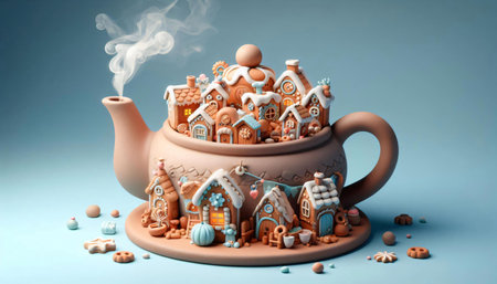 3d illustration of clay teapot with gingerbread houses.の素材