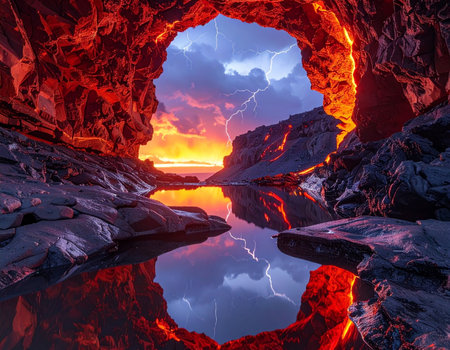 Beautiful view of the sea from the cave. 3d renderingの素材