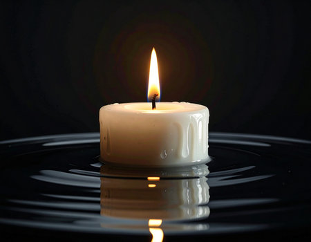 Burning candle on a black background with water drops and ripplesの素材