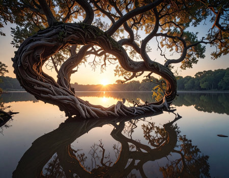 A beautiful shot of a tree in the middle of a lake at sunsetの素材