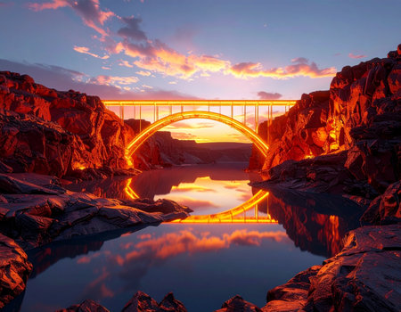 Sunset over the bridge with reflection in the lake. 3d renderingの素材