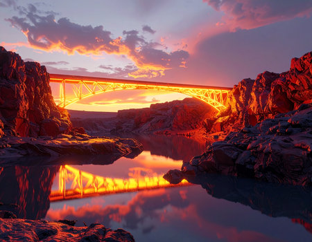 Fantasy landscape with bridge over river at sunset. 3d renderの素材