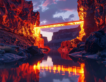 Fantasy landscape with a bridge over the river. 3d renderingの素材