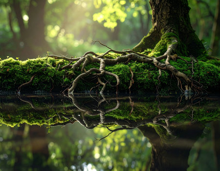 Beautiful green forest reflected in the water with tree roots and reflectionの素材