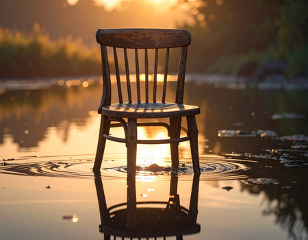 wooden chair in the water at sunset with reflection on the waterの素材