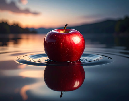 Red apple on water surface with reflection of sky and mountain background.の素材