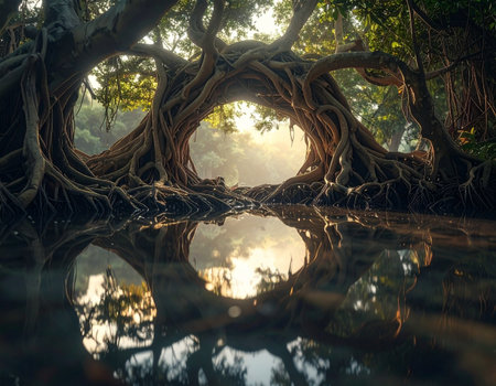 Roots of a tree reflected in the water at sunset, Bali, Indonesiaの素材