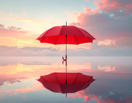 Umbrella on the water with sky background, 3d renderの素材