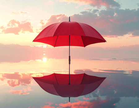 Red umbrella on the sky background. 3D render. Business conceptの素材
