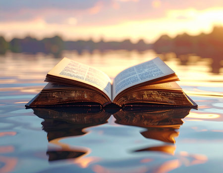 Open book on the lake at sunset, shallow depth of field.の素材