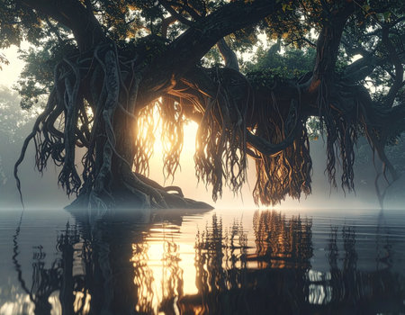 Mysterious banyan tree reflected in the lake at sunriseの素材
