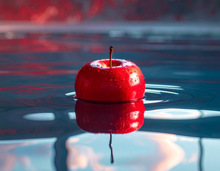 Red apple on water surface with reflection. Red apple on water surfaceの素材