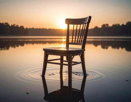 Wooden chair on the lake at sunset in the summer time.の素材