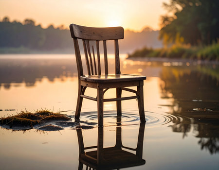 Wooden chair on the lake in the morning with sunset background.の素材