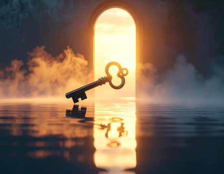 Key in keyhole with keyhole in the sky. 3D illustrationの素材