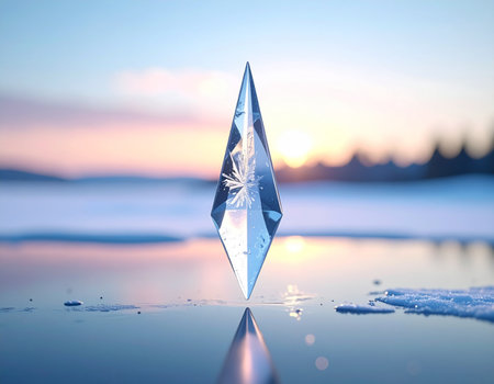 Ice crystal on a frozen lake at sunset. 3d rendering.の素材
