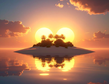 Tropical island with palm trees and sunset. 3d renderの素材