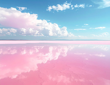 Pink salt lake with clouds and blue sky. 3d illustration.の素材