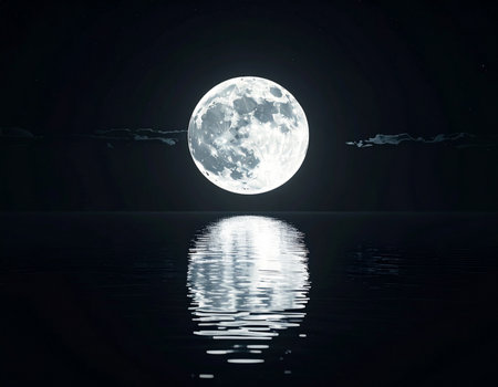 Full moon reflected in the water at night. 3D illustration.の素材