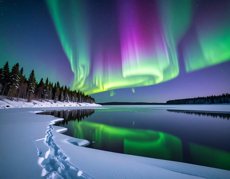 Aurora borealis over lake in winter. Northern lights.の素材