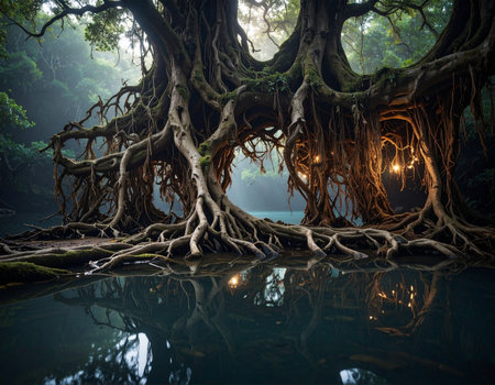 Old tree with roots reflected in a lake at night in Costa Ricaの素材
