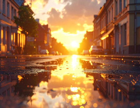 Reflection of sunset in a puddle on the street of the cityの素材