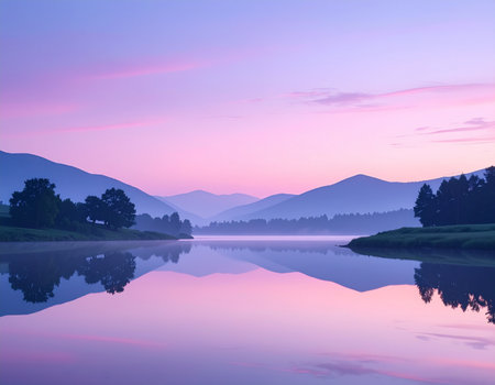 Landscape view of a lake with mountains in the background at sunriseの素材