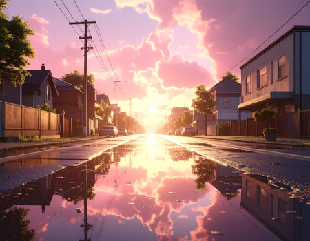 Sunset in a small town with reflection in a puddle.の素材