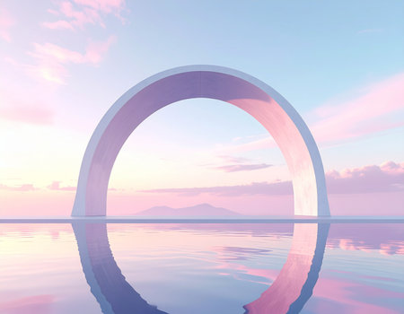 Abstract scene with arch and sea at sunset background. 3d renderの素材