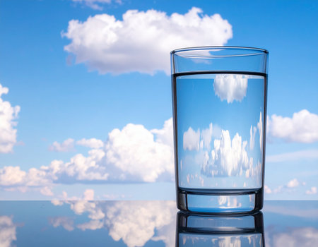 Glass of water with cloud on blue sky background, copy space.の素材