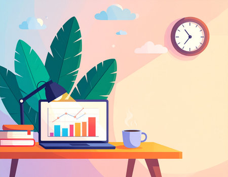 Workplace with laptop, coffee cup and clock. Flat vector illustrationの素材