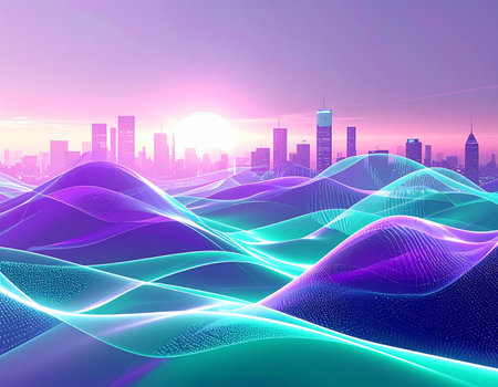 abstract digital landscape with city and skyscrapers, vector illustrationの素材