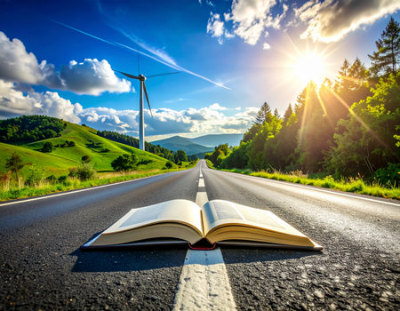 Open book on asphalt road and wind turbines on the background of mountainsの素材