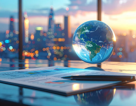 Globe and document on table with cityscape background. 3d renderingの素材