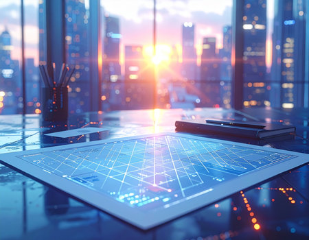 Futuristic digital tablet and laptop on table with city view at sunsetの素材