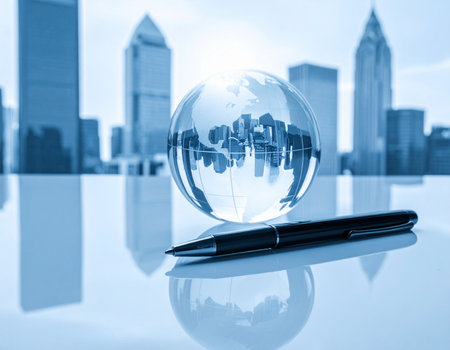 globe and pen on the glass table with modern cityscape backgroundの素材