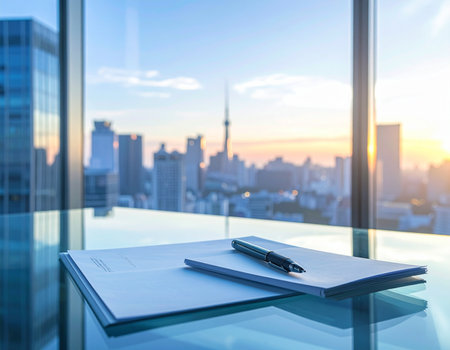 Pen and notebook on glass table with cityscape background, business conceptの素材