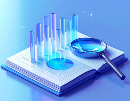 3d illustration of magnifying glass over book with chart on blue backgroundの素材