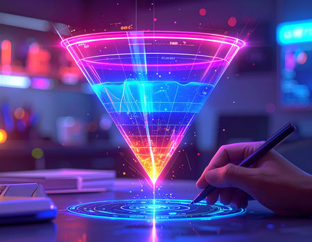 Close up of human hand drawing on virtual screen with glowing pie chartの素材