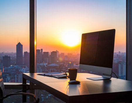 Working space with computer and coffee cup on table with sunset sky backgroundの素材