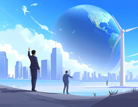 Vector illustration of businessman standing near the wind turbine and looking at the globeの素材