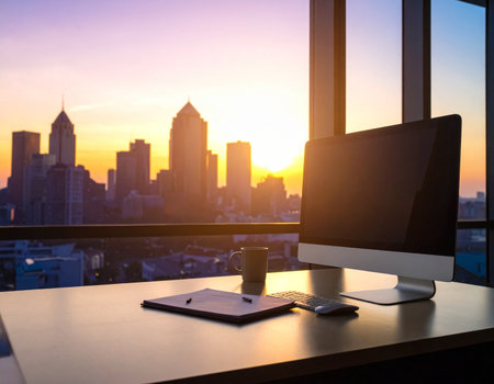 Laptop computer and coffee cup on table with cityscape background at sunsetの素材