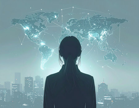 Silhouette of a young woman in front of a world mapの素材