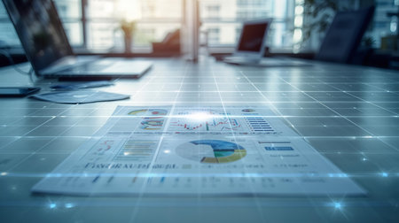 Business graph and charts on the table in office. Double exposure.の素材