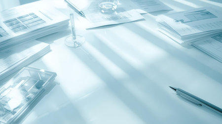 Office table with documents, pen and stapler, soft focusの素材