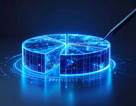 3d rendering of pie chart in digital hologram style on blue backgroundの素材