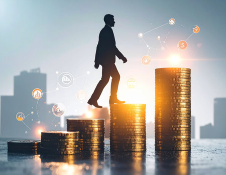 Silhouette of businessman walking on stack of coins with cityscape and cloud computing conceptの素材