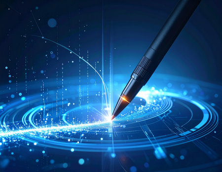 Abstract technology background with glowing lines and pen. 3D Renderingの素材