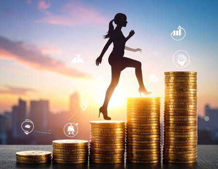 Business woman running on stack of coins with business icons over cityscape and sunset backgroundの素材