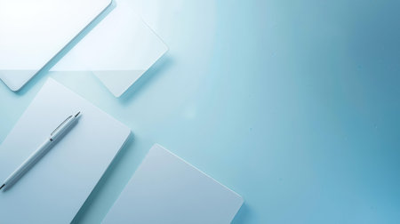 Top view of modern office desk with laptop, tablet and pen on blue backgroundの素材